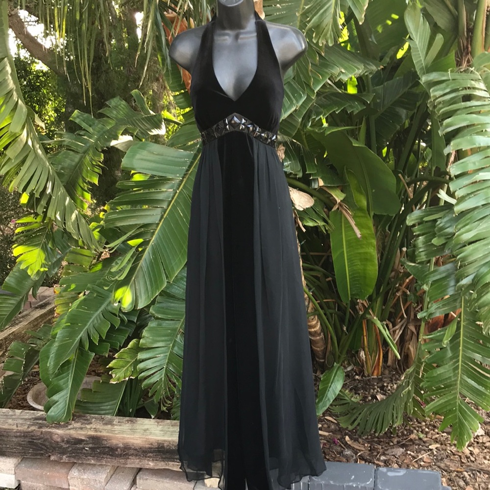 Velvet bodice halter maxi dress
